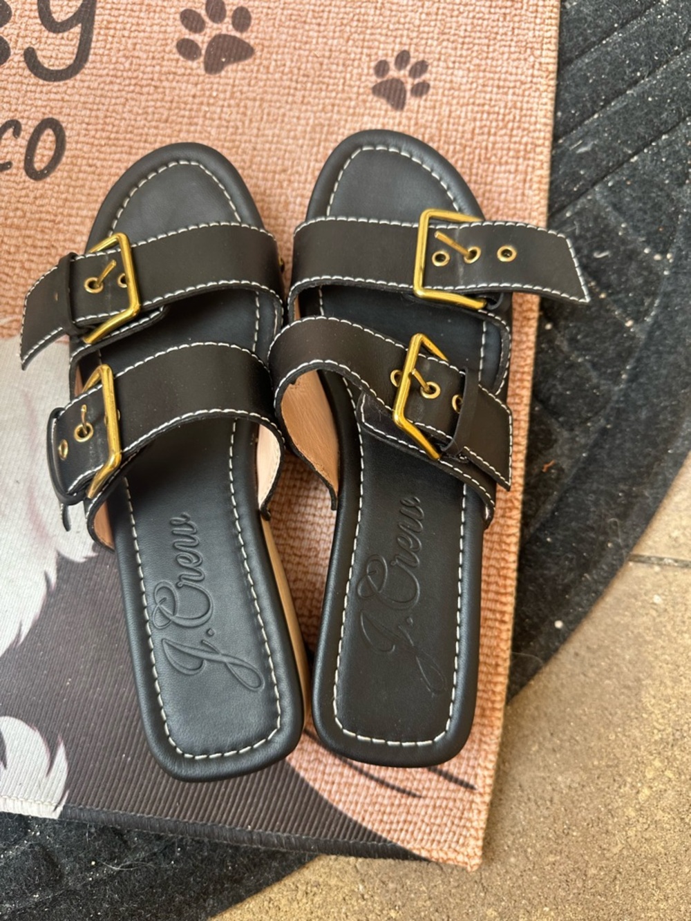J. Crew Black Leather Double-Buckle Slide Sandals with Gold Buckles